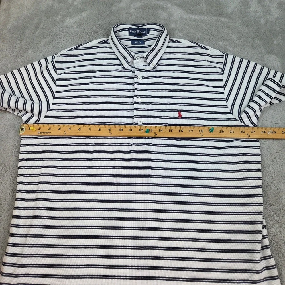 Ralph Lauren Polo Shirt Mens L Big Waffle Knit Striped Button Down White Navy